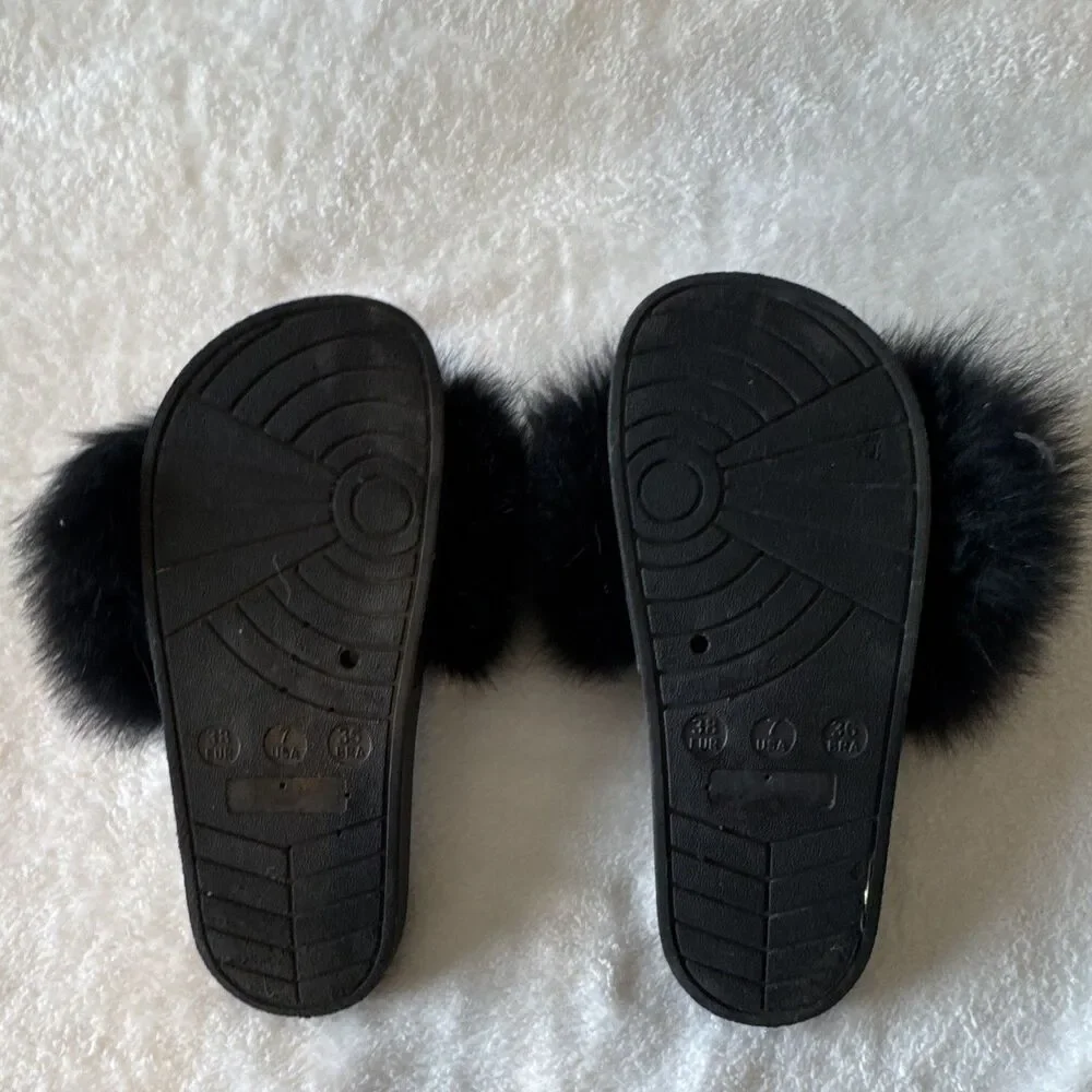 Womens Black Faux Fur Slide Sandals Slip-On Flat Rubber Outsole Casual Sz 7